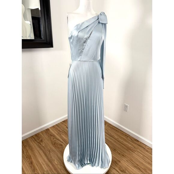 Amsale Womens Satin One-Shoulder Pleated Keyhole Sleeveless Gown Ice Size 6 - Picture 6 of 12